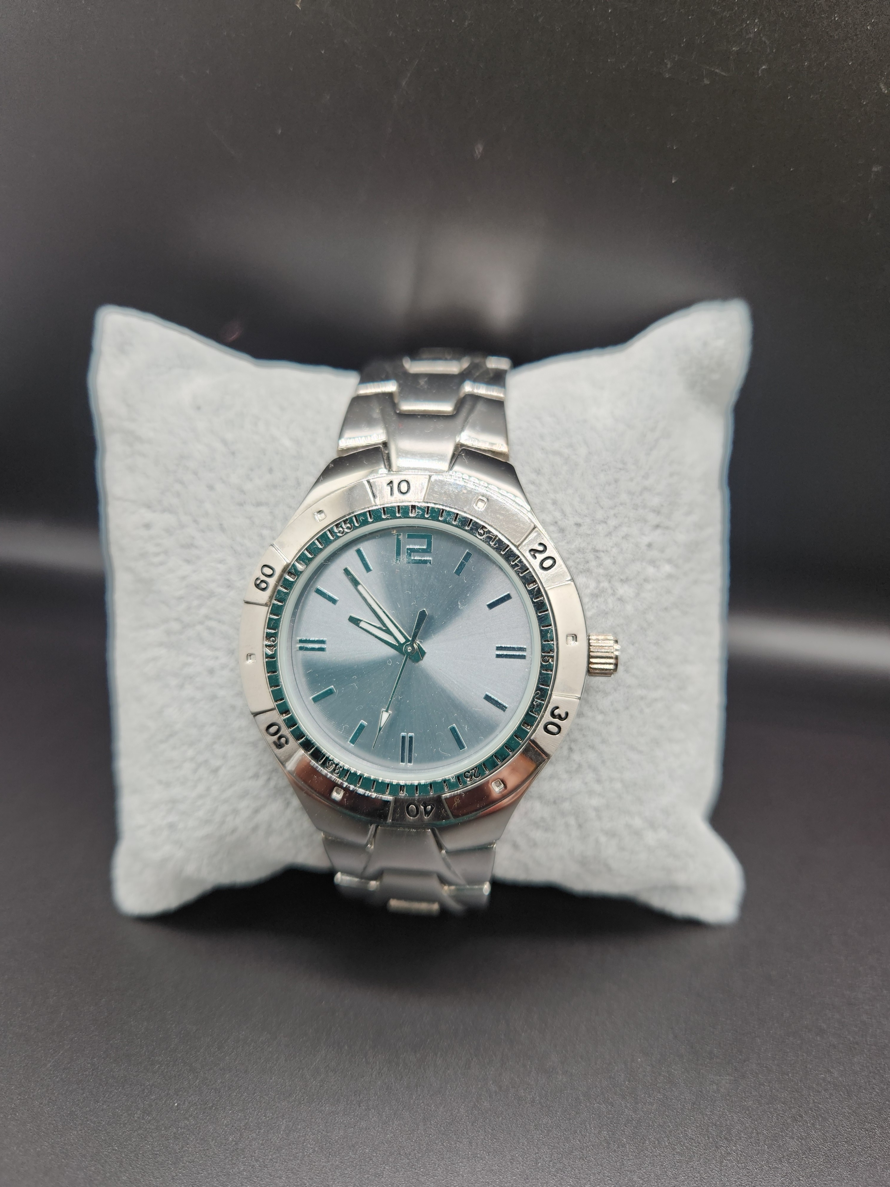 Silver Stainless Steel Watch With Light Blue Dial